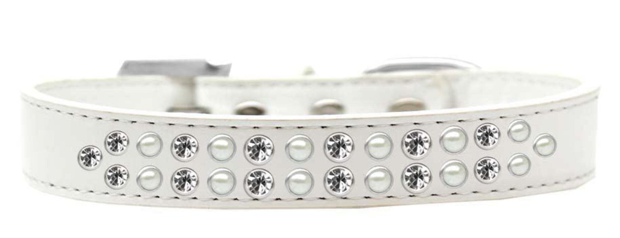 Mirage Pet Products Two Row Pearl and Clear Crystal Red Dog Collar, Size 16