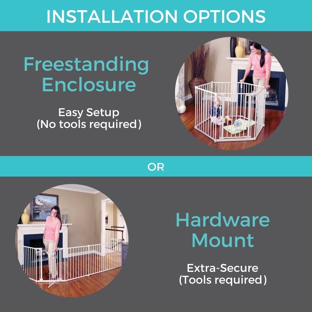 Toddleroo By North States 3 In 1 Metal Superyard 6 Panel Play Yard, Baby Gate, Playpen Or Extra Wide Baby Fence, 151' Wide. Wall Mount Kit Included. 10 Sq Ft Play Yard (30' Tall, Taupe)