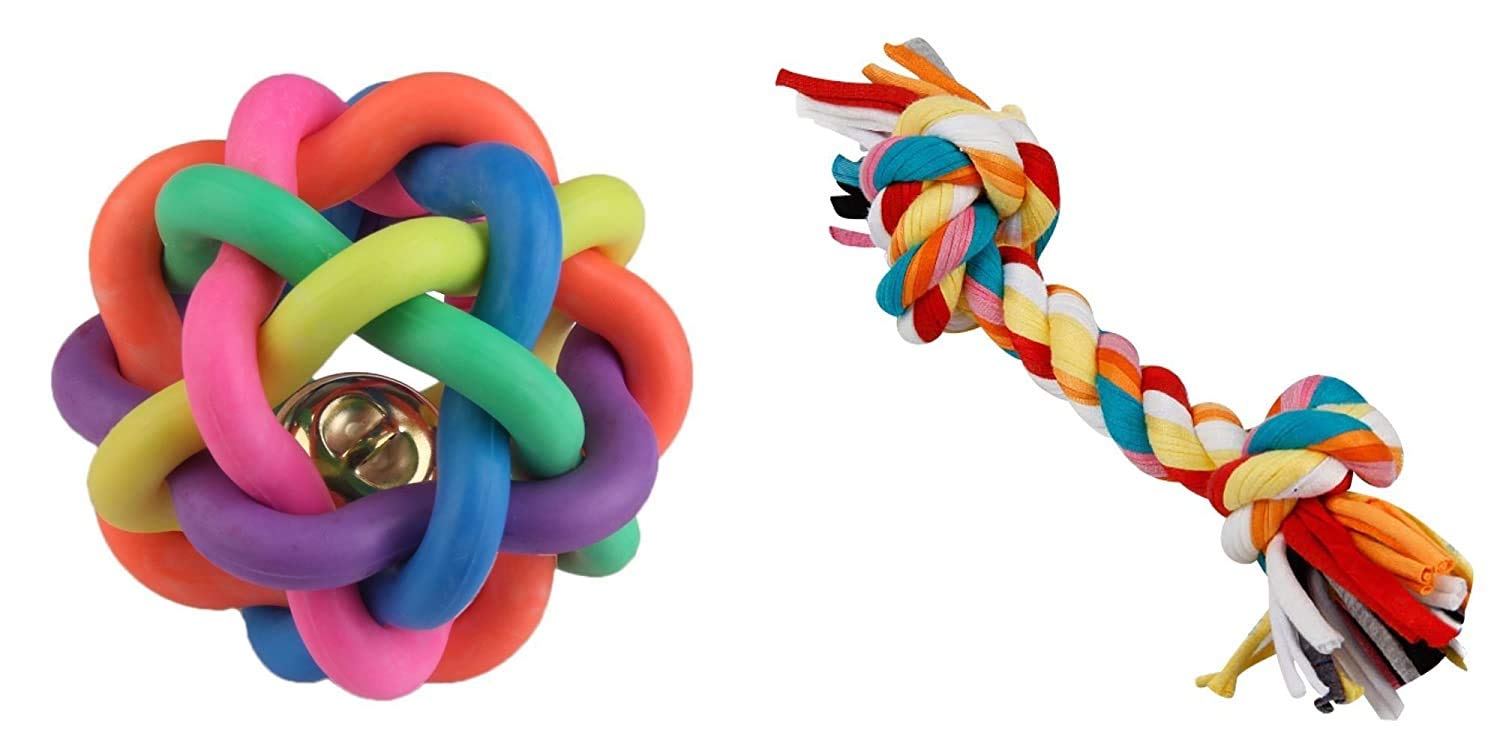 Get More Rubber Ball With Bell | Cotton Bone Chew Dog Toy Combo (Color May Vary)