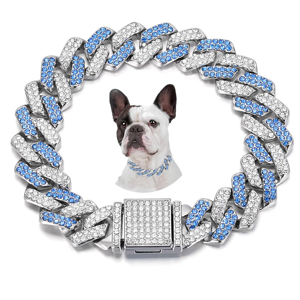 Blue Chain Collar For Dogs, Bling Diamond Cuban Link Dog Collars Glitter Rhinestone Puppy Necklace For Small Medium Large Pet Do