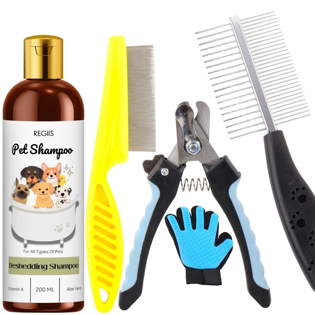 Regiis Pet Grooming Kit With Deshedding Shampoo, Professional Nail Clippers, Grooming Glove, Metal Comb For Dogs, 200Ml(Pack Of 