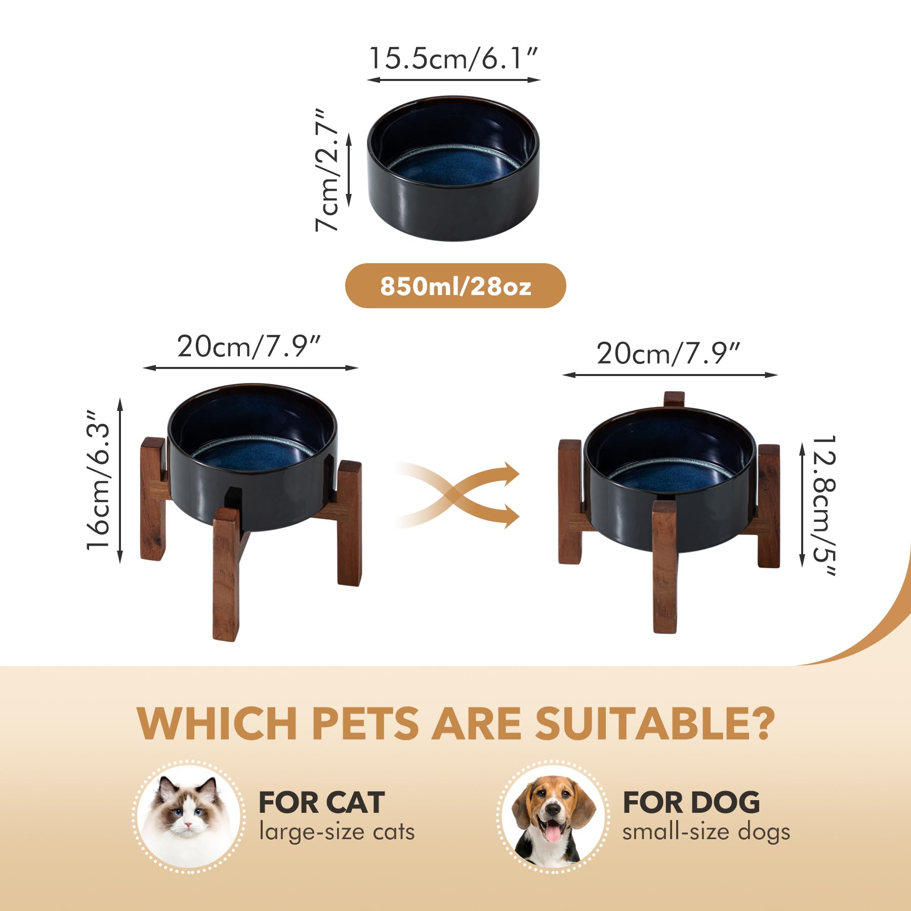 Havniva Ceramic 6.1inch Raised Dog and Cat Bowl Set, 2 Heights Elevated Wooden Stand for Small Breed Dogs, Weighted Pet Food and