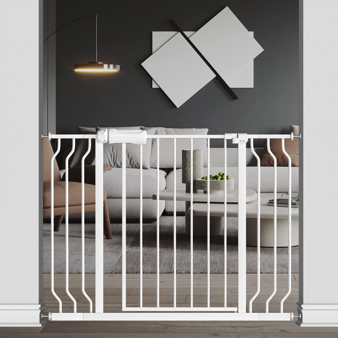 Walk Through Baby Gate With Door, 38.5-43.3 Inch Wide Presure Mounted No Drill Metal Child Gate For Stair Doorway - Indoor Outdoor Safty Gate For Toddler Dog Doggie, White Standing 37.8 Inches Tall