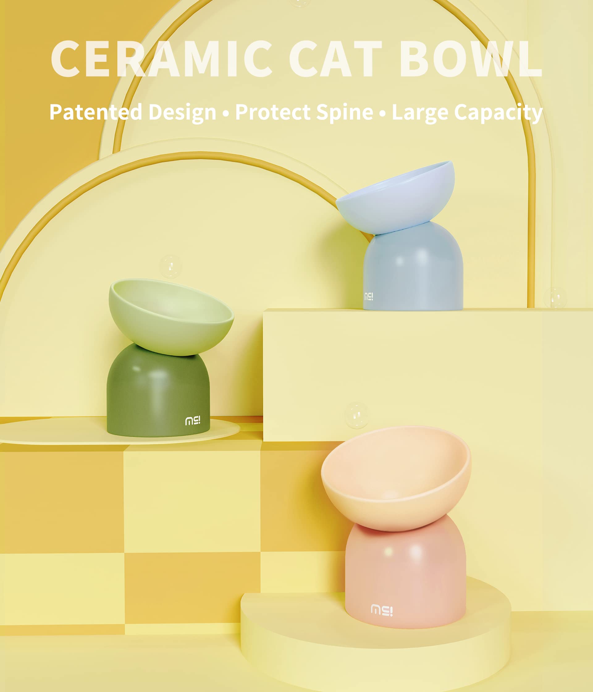 Elevated Cat Food Bowl, Ceramic Cat Bowls for Food and Water, Cat Bowls Whisker Friendly, Lead & Cadmium Free, 15Tilted Non-Slip