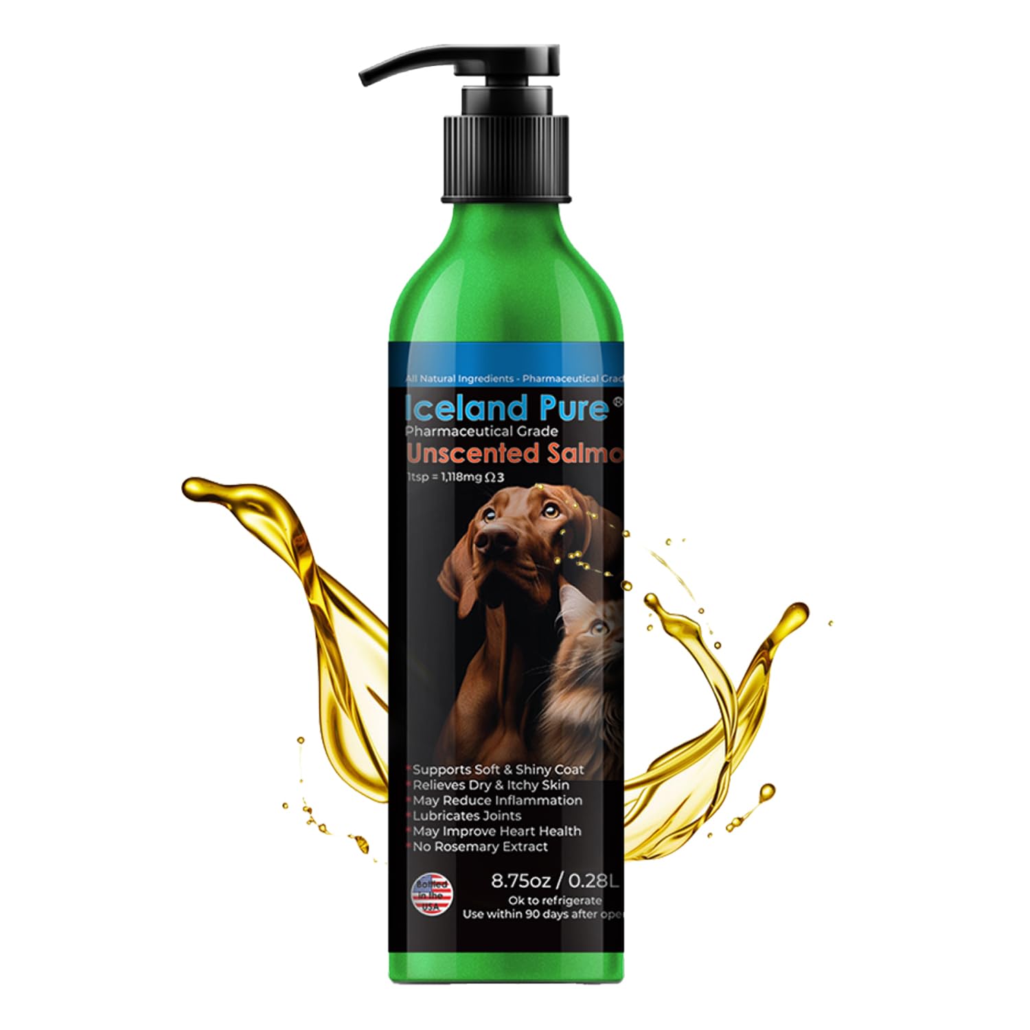 Iceland Pure Salmon Oil | Unscented Pharmaceutical Grade | 1118mg of Omega-3 per teaspoon | Liquid Food Supplement For Dogs and 