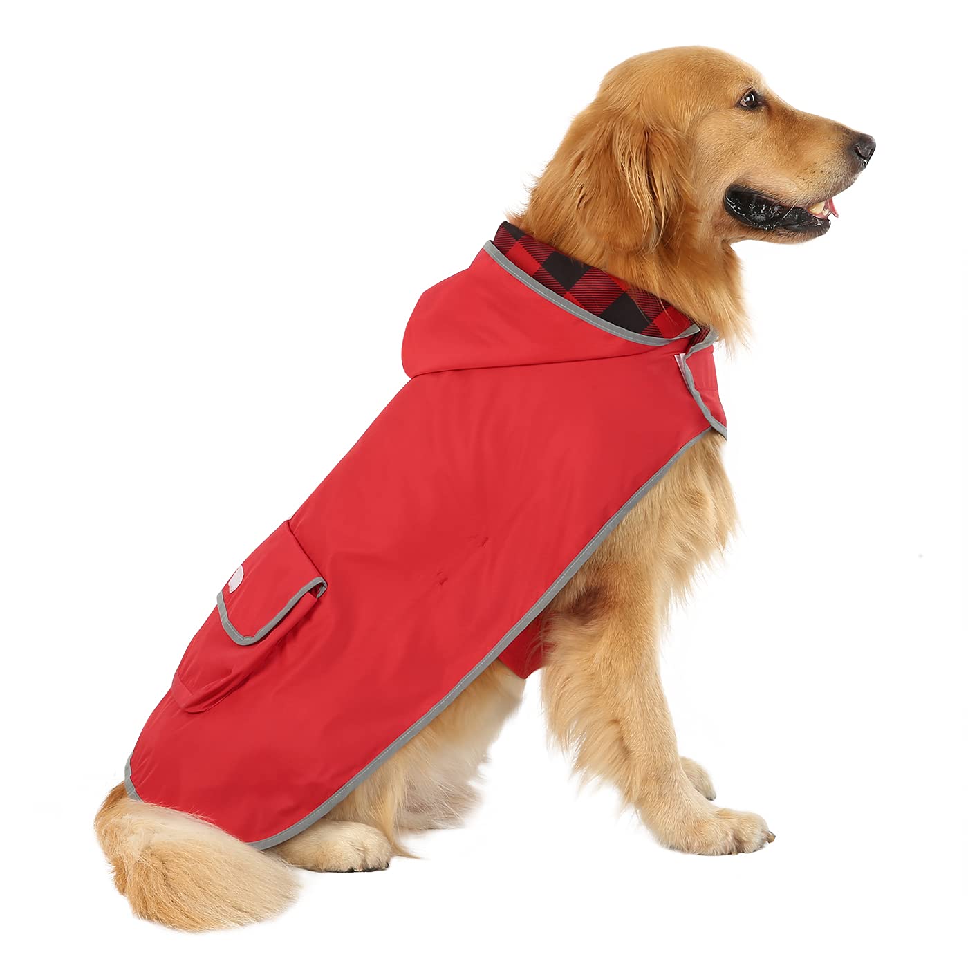 HDE Reversible Dog Raincoat Hooded Slicker Poncho Rain Coat Jacket for Small Medium Large Dogs Buffalo Plaid Red - L