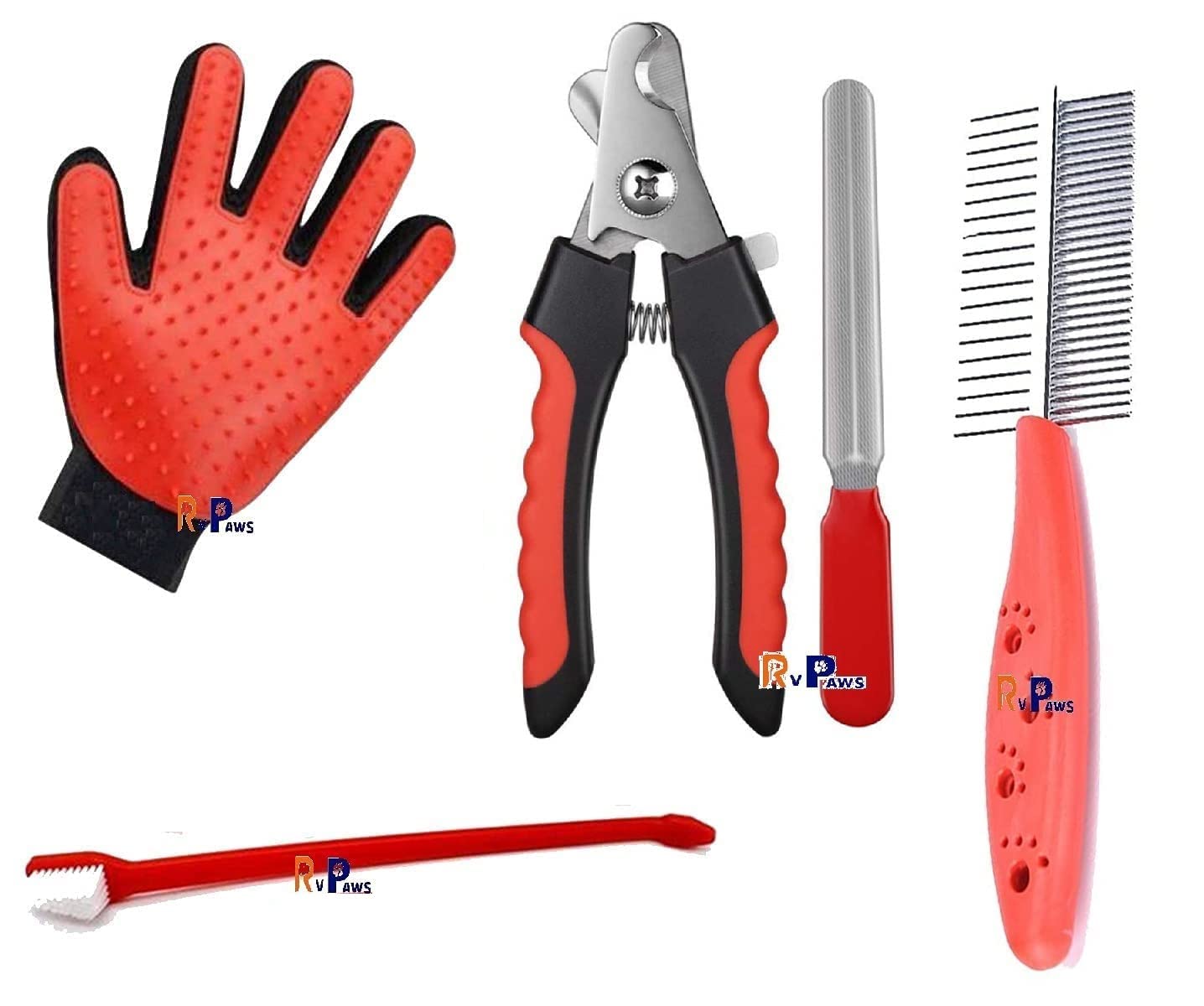 Pups&Pets Dogs Grooming Kit Double Side Comb, Nail Cutter, Tooth Brush and Glove for Puppy, Cat and Kitten Combo of 4
