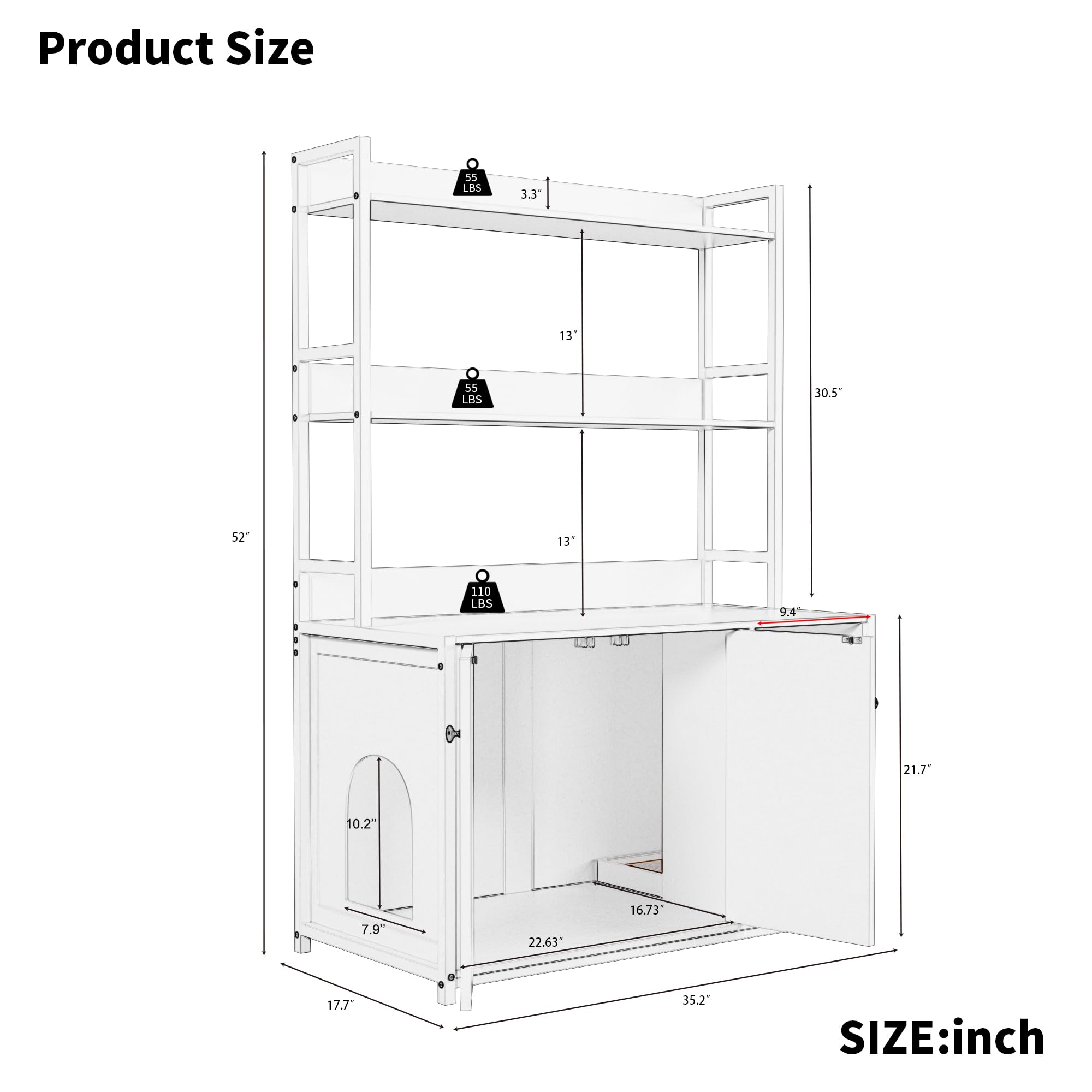 Litter Box Enclosure With 2 Storage Shelves White Hidden Cat Litter Box Furniture With Scratch Pad, Indoor Cat House Kitty Box W