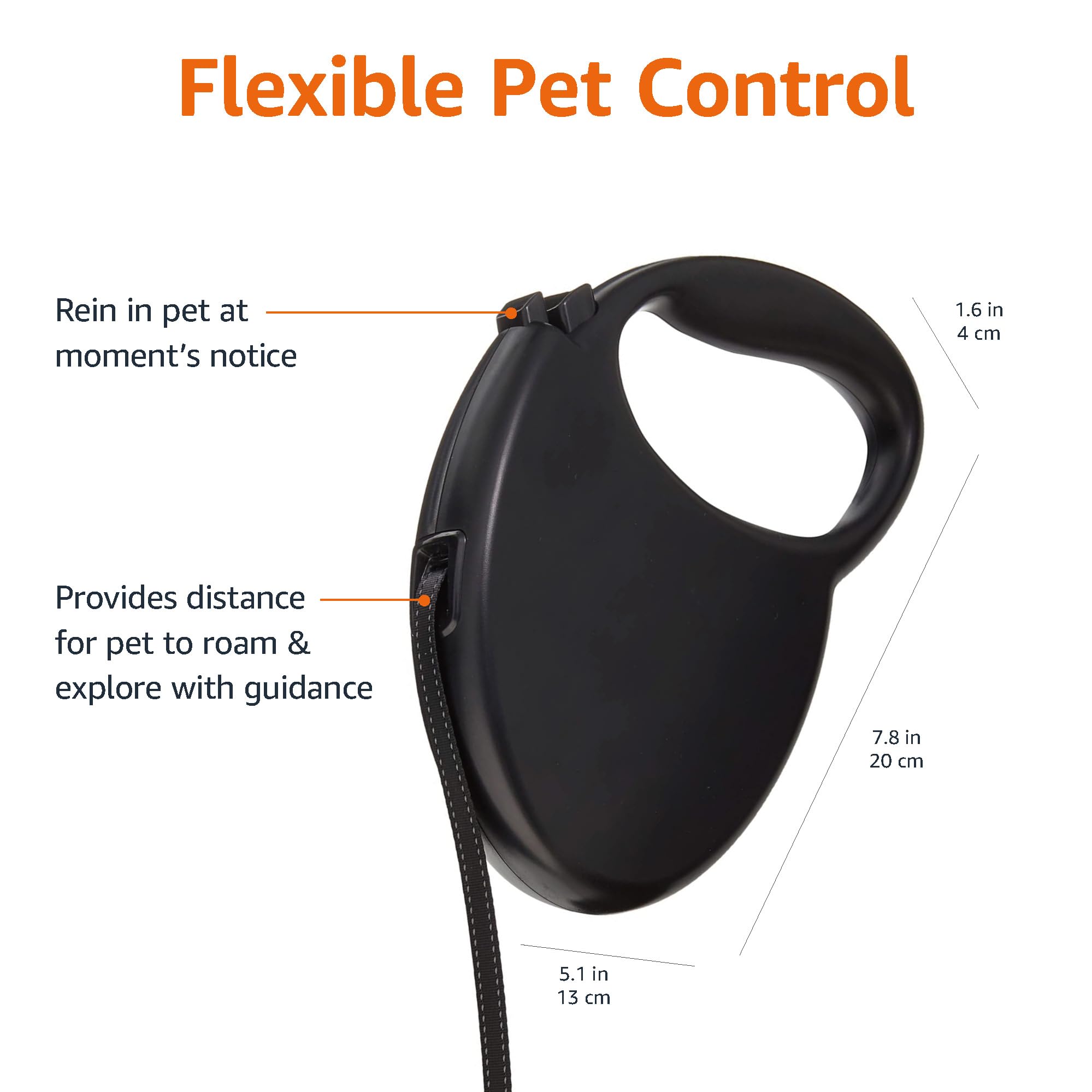 Amazon Basics Retractable Pet Leash for Dogs under 44 lbs, Medium 16ft, Black, Durable Nylon, Model RDL-M16