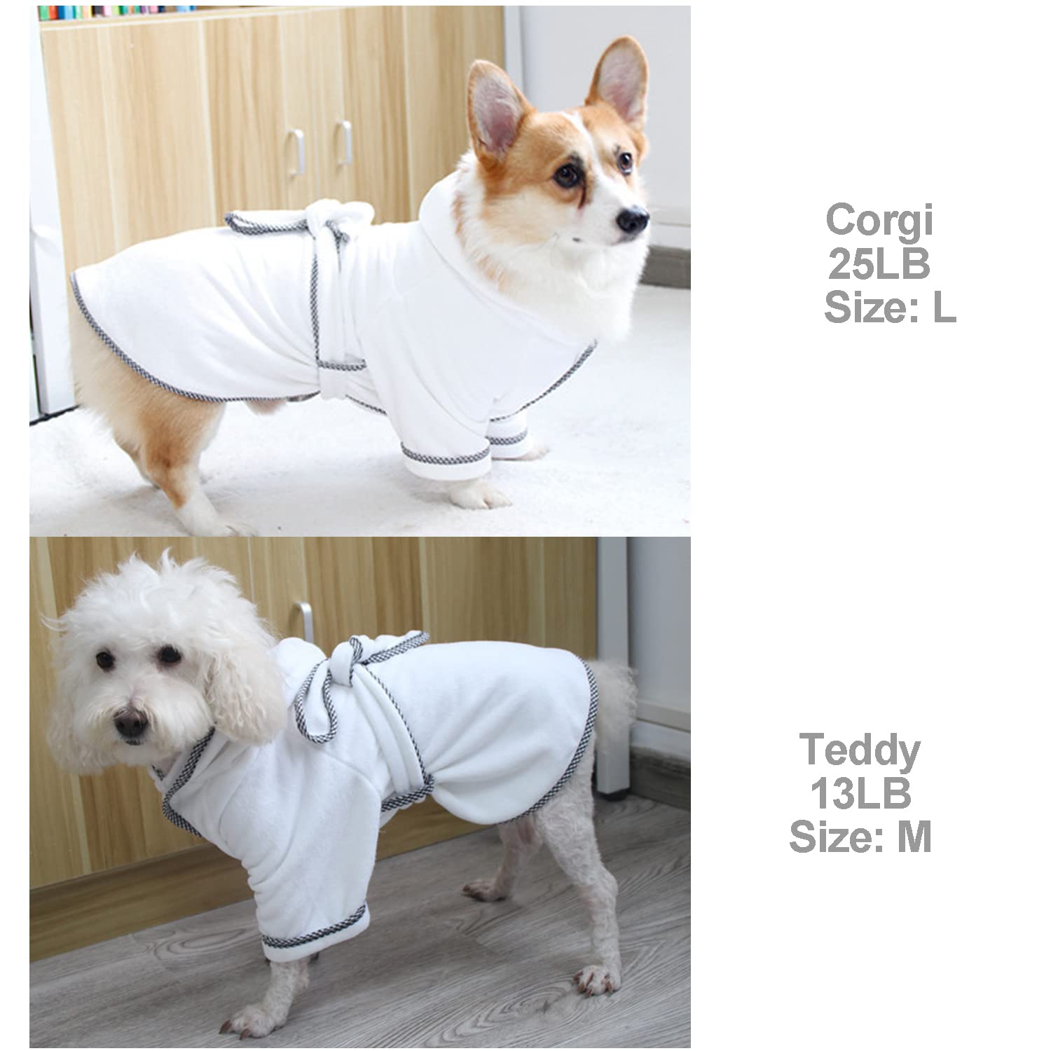 Dog Bathrobe, Microfiber Fast Drying Absorbent Hooded Bath Towel White For Puppy Small Medium Large Dog Cat (S, White)