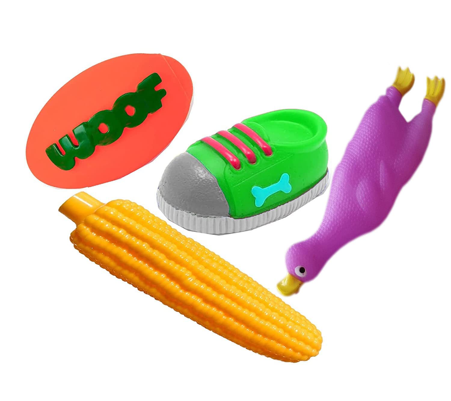 W9 Pet Products Combo Of 4 Soft Latex Rubber Interactive Squeaky Toys For Small Puppy Woof Ball, Shoes, Pink Duck, Corn