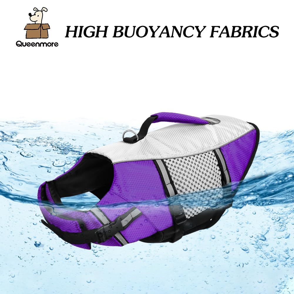 Dog Life Jacket Swimming Vest Lightweight High Reflective Pet Lifesaver With Lift Handle, Leash Ring Purple,Xs