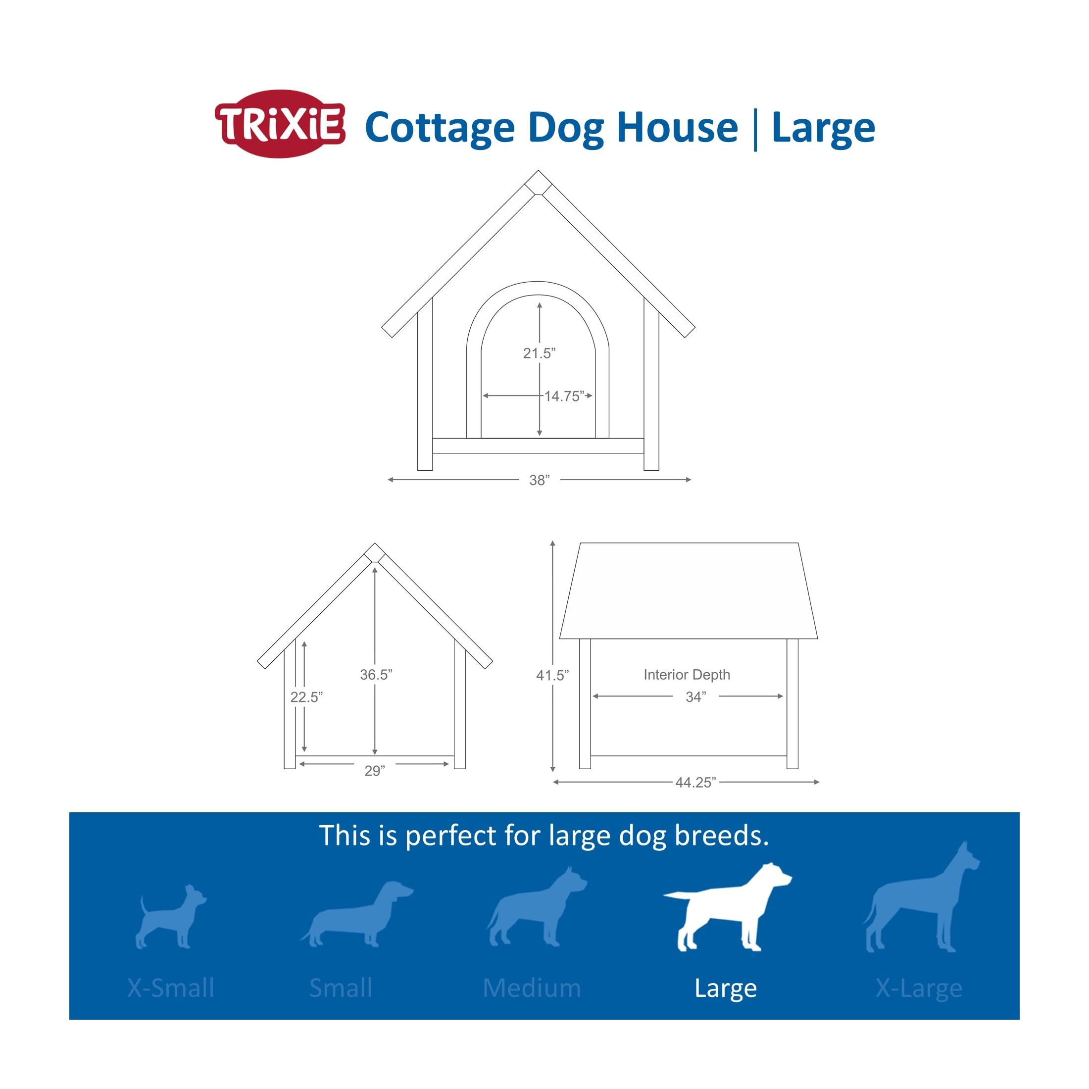 Trixie Natura Cottage Dog House- Dog House For Extra Large Dogs Outside With Weatherproof Sealer & Peaked Roof, Wooden Dog House