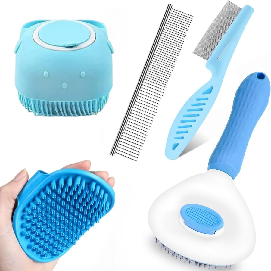Bohobark 5 In 1 Dog Grooming Kit, Self Cleaning Slicker Brush For Shedding Short Long Haired Dogs & Cats, Includes Pet Comb, Fle