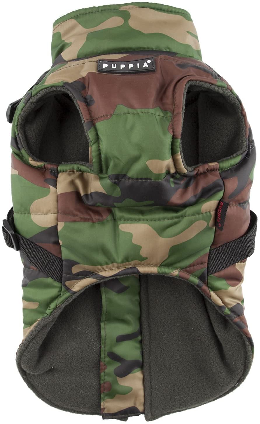 Puppia Mountaineer Winter Dog Coat With Integrated Harness No Pull Cold Weather Waterproof Warm Fleece Back Zipper For Small & Medium Dog, Camo, Large