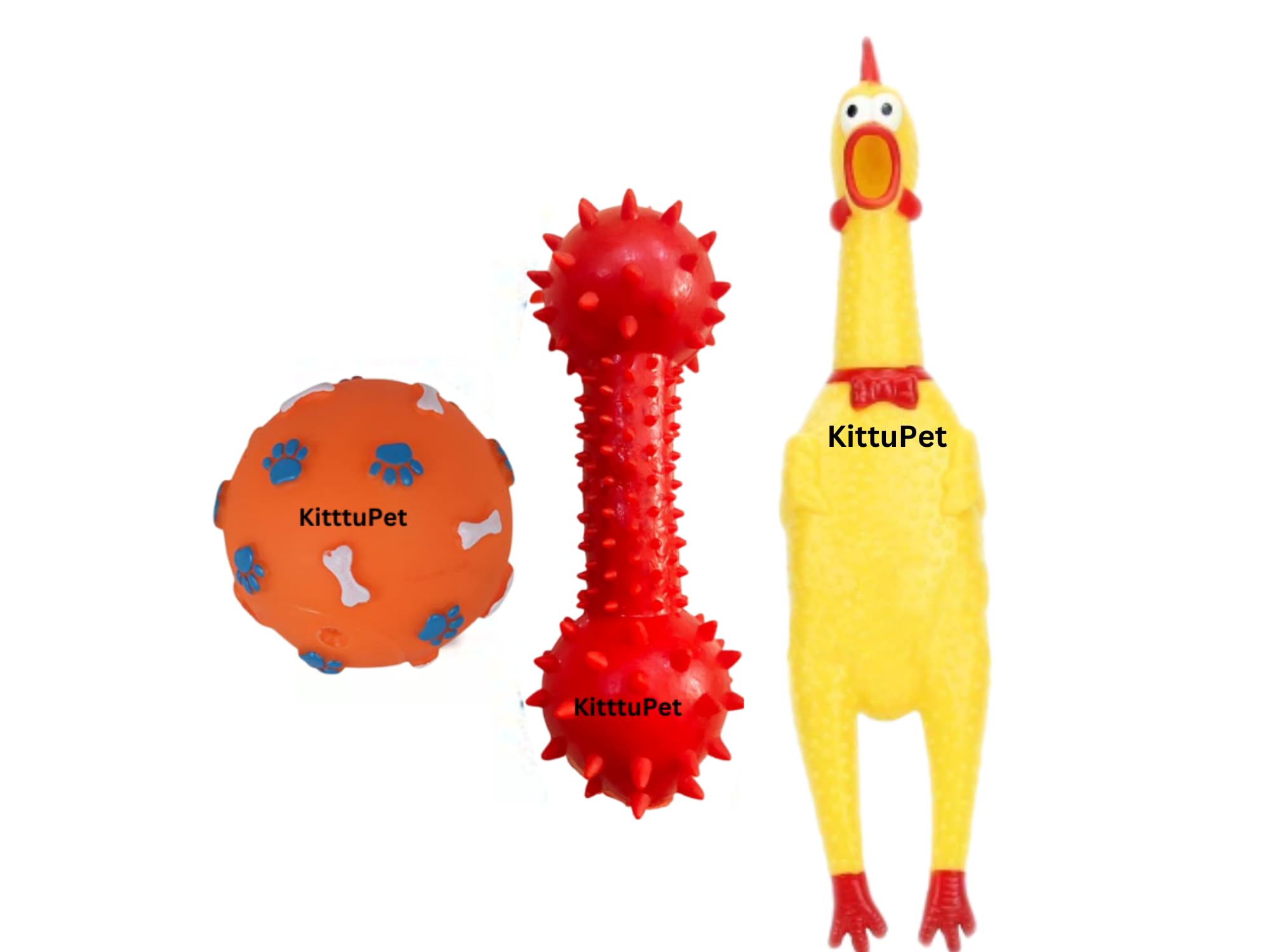 Kittupet Rubber Dental Puppy Teething Spike Doumble Squeaky Ball Chicken Chew Toy, Colour May Vary Pack Of 3