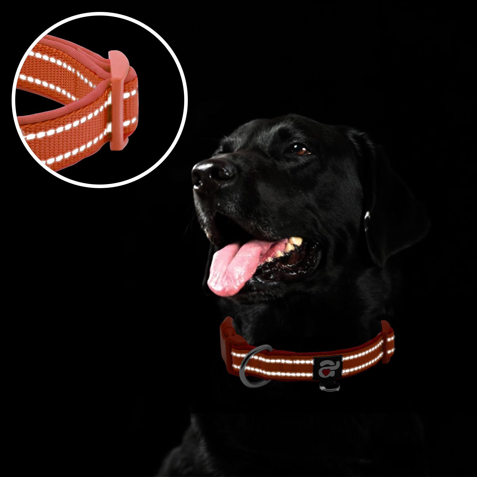 Azuza Reflective Dog Collar, Soft Neoprene Padded Pet Collar With Id Tag Ring, Adjustable For Large Dogs,Rust Red,L