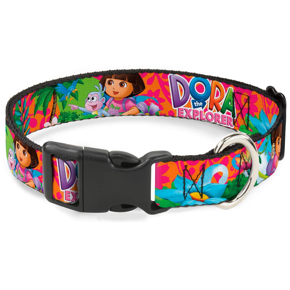 Dog Collar Plastic Clip Dora The Explorer Dora Poses Floral Collage Orange Pink 18 To 32 Inches 1.5 Inch Wide
