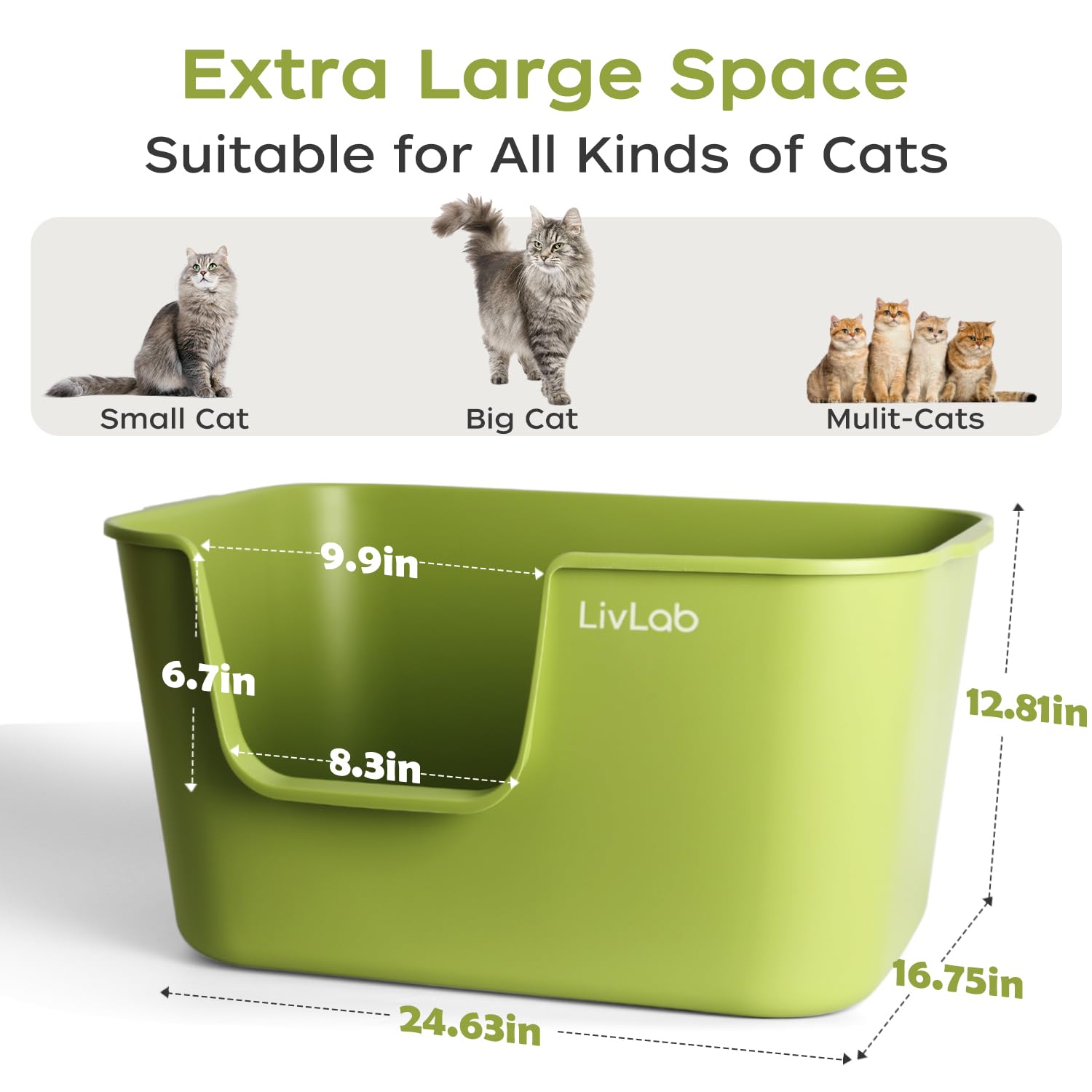 Livlab Mker Extra Large Cat Litter Box - 25' Lx16 Wx13 H Open Top High Sided Pan, Xl For Big Cats, High Wall Jumbo Litter Box,