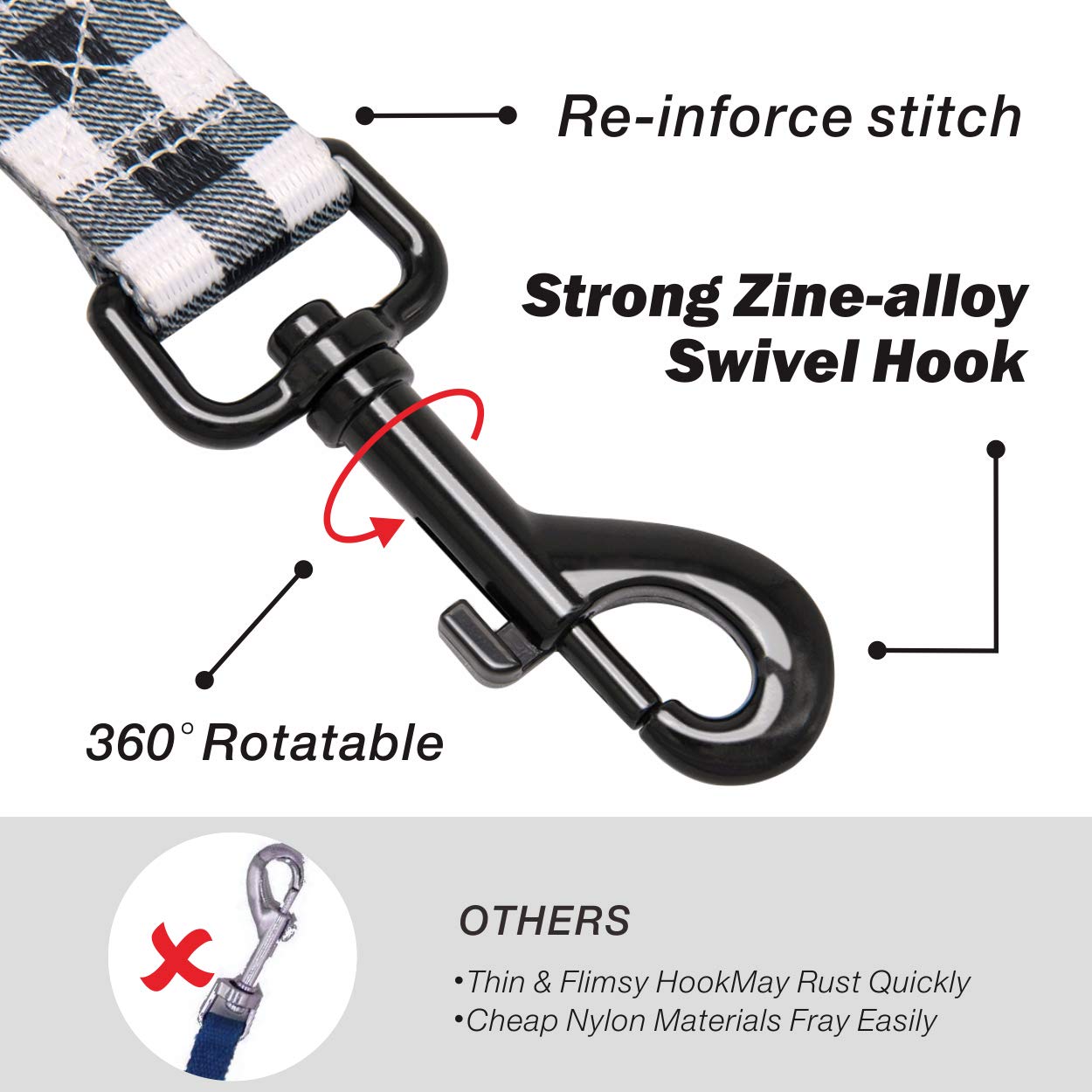 Poypet 5 Feet Dog Leash - 2 Cushioned Handles - Functional Car Seat Belt (Grid, L)