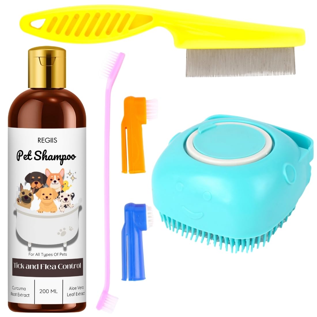 Regis Pet Grooming Set With Tick And Flea Control Shampoo, 200Ml, Dog Brush Combs In Blue, Yellow, Pink, Orange, Pet Care Kit(Pa
