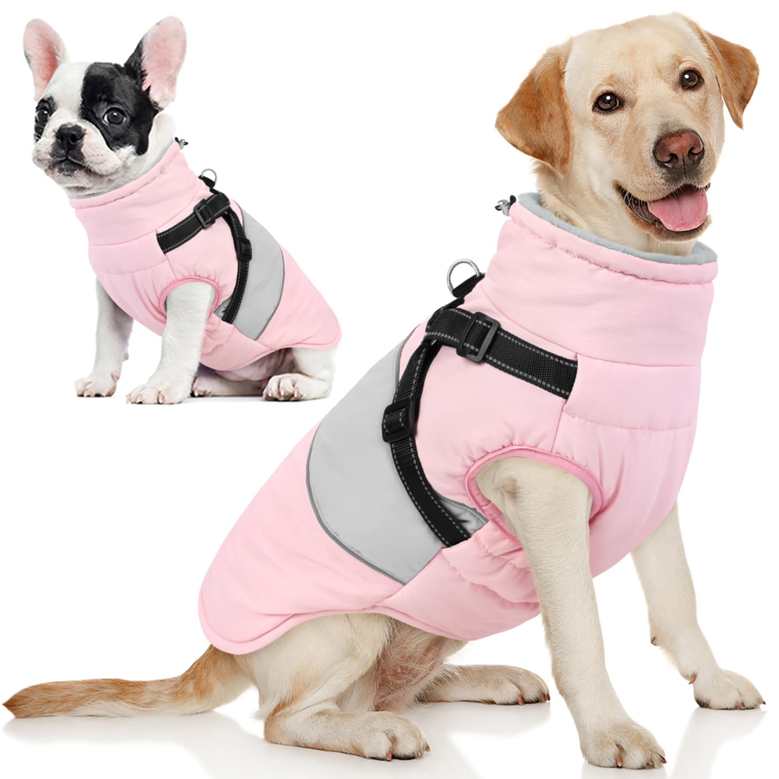 Aofitee Dog Coat - Large Dog Jacket With Built-In Harness - Reflective Waterproof Winter Jacket With Warm Fleece Collar - Pink X