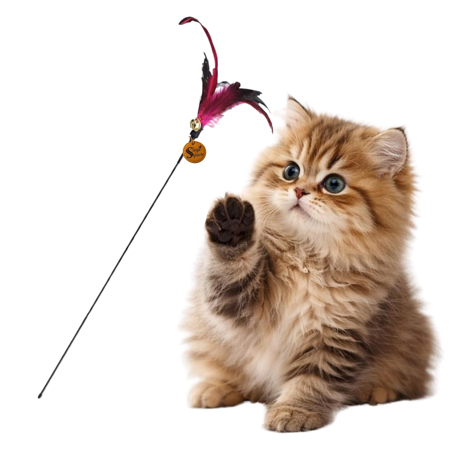 Sage Square Cat Teaser Stick Toy With Bell & Feather | Interactive Wand Toy For Cats & Kitten | String Chase Toy For Exercise & 