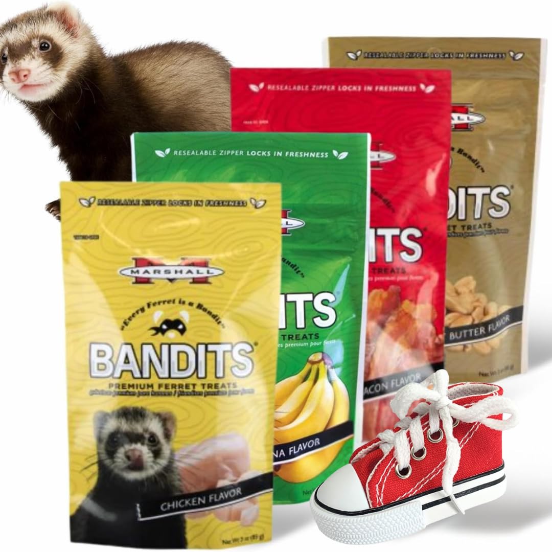 Marshall Pet Products Bandits Ferret Treats Variety Pack - Includes Banana, Chicken, Bacon, Peanut Butter Flavors (3oz Each) Plu