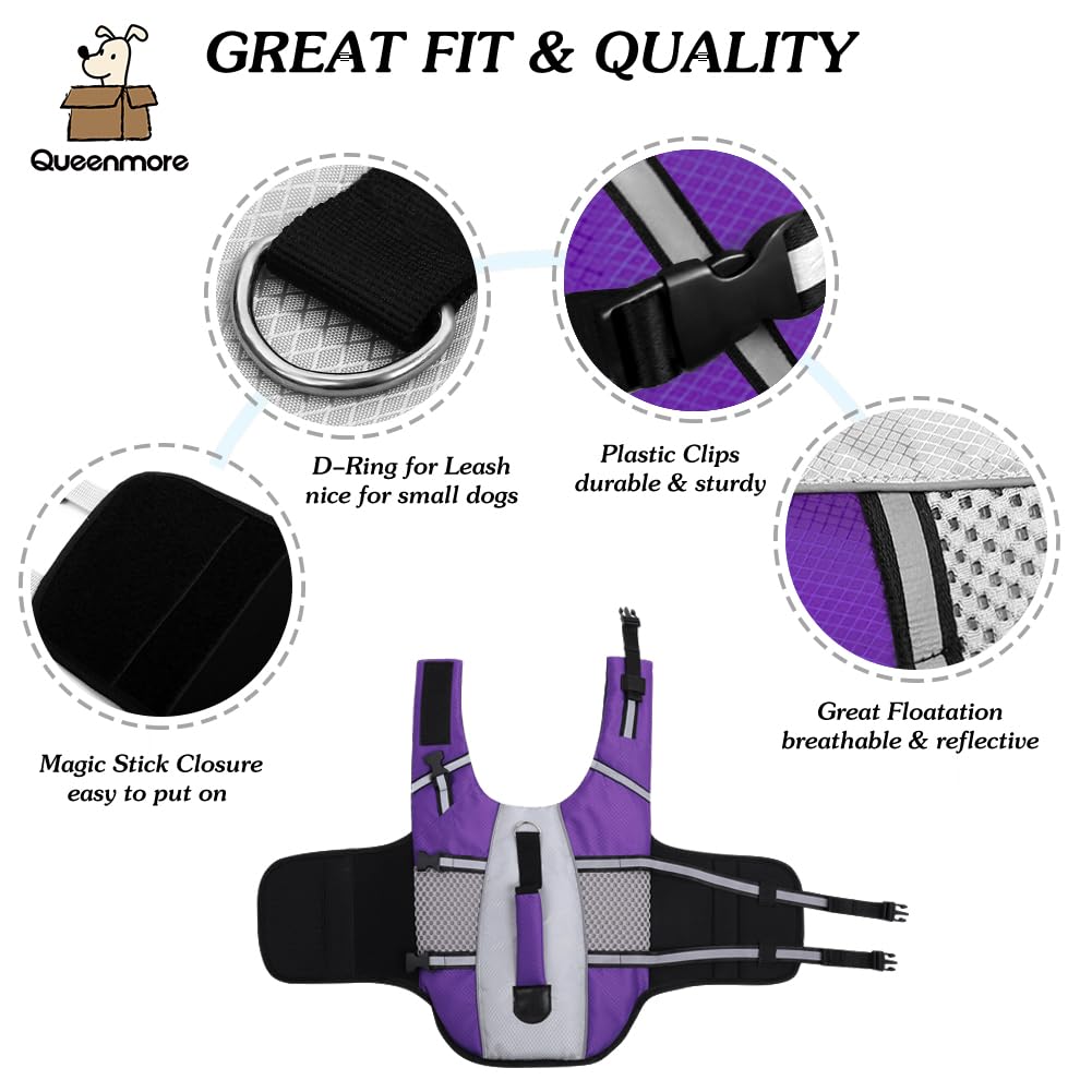 Queenmore Dog Life Jacket Swimming Vest Lightweight High Reflective Pet Lifesaver With Lift Handle, Leash Ring Purple,L
