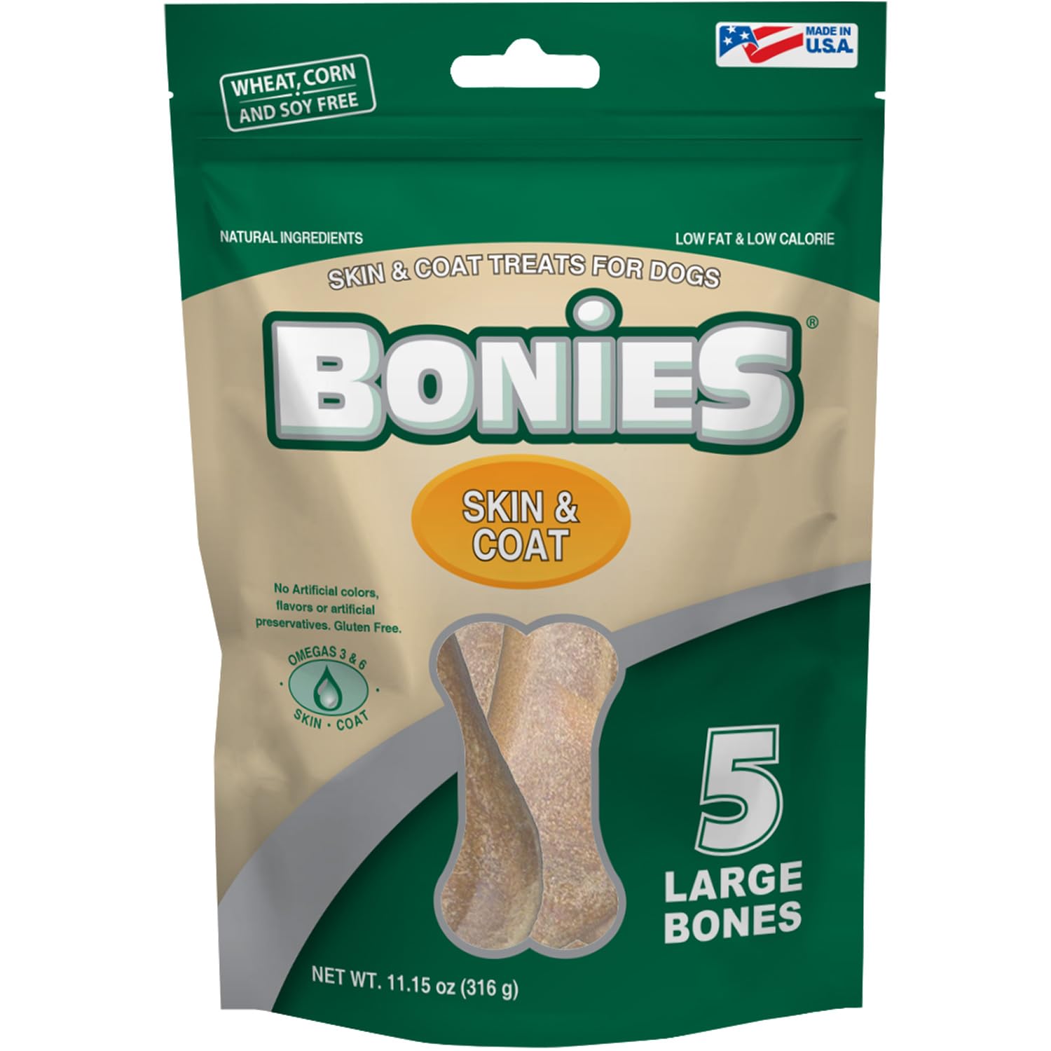 Bonies Natural Skin & Coat Formula Large-Sized Single Bone - Promote Silky Coat & Healthy Skin, Healthy Teeth & Fresh Breath, Lo