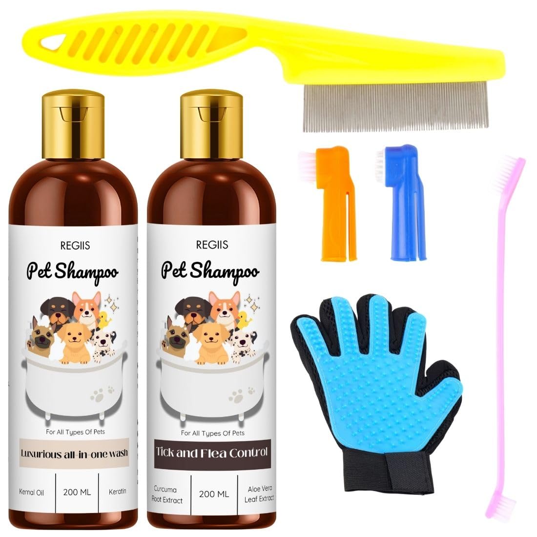 Regiis Pet Grooming Kit With Shampoo Set, Flea Control, Grooming Glove, Comb And Brushes, 200Ml(Pack Of 5)
