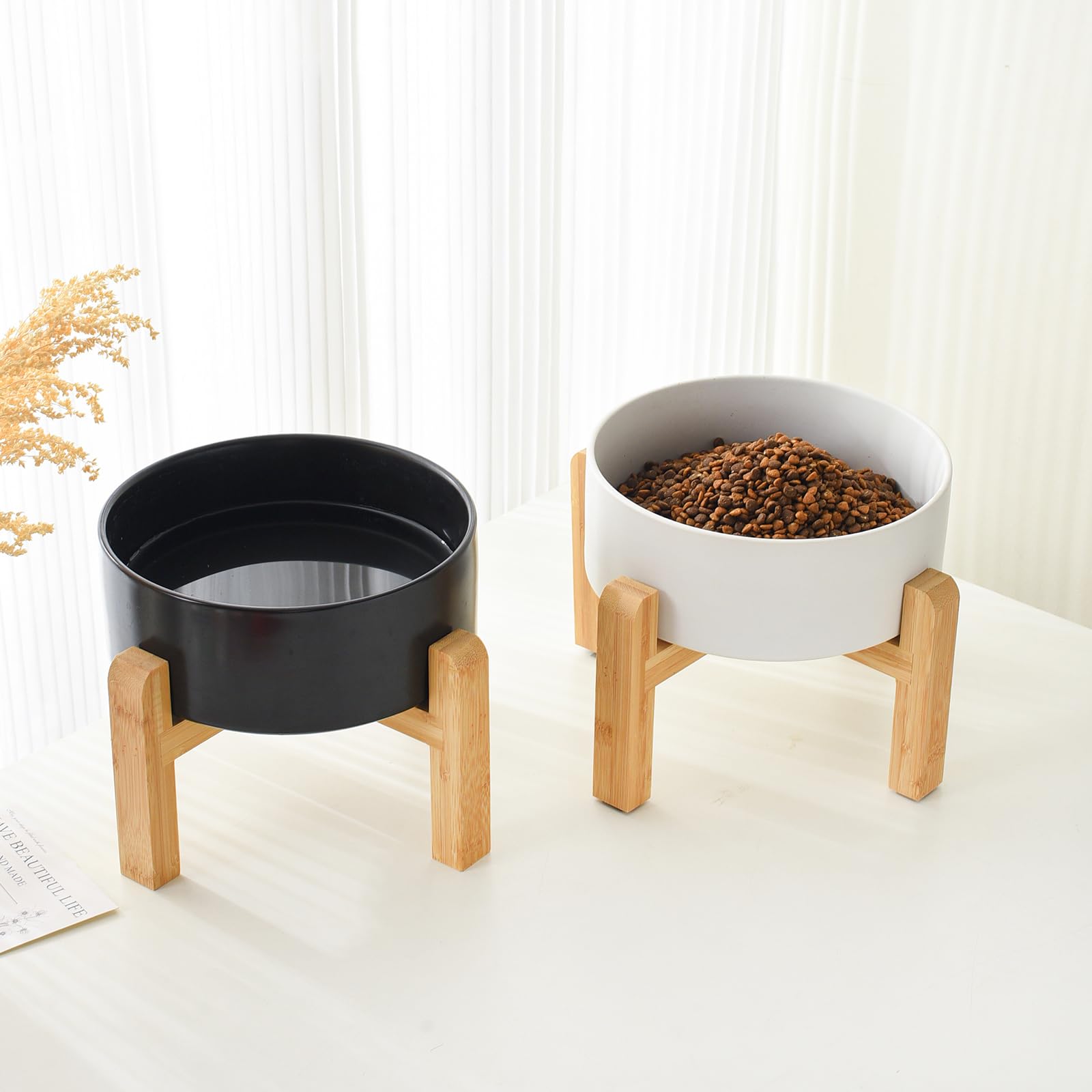 Welloyed 8 Ceramic Raised Dog Bowl - 70Oz Dog Food & Water Bowl with Elevated Non-Slip Bamboo Stand, Dishwasher & Microwave Sa