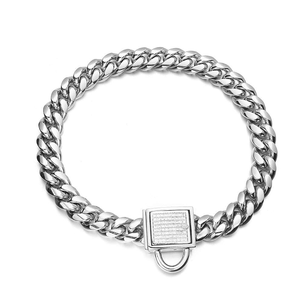 Aiyidi Dog Chain Collar 10Mm Wide Cuban Link Puppy Collar 316L Stainless Steel With Cz Diamond Lock Bling Collar For Medium Dogs