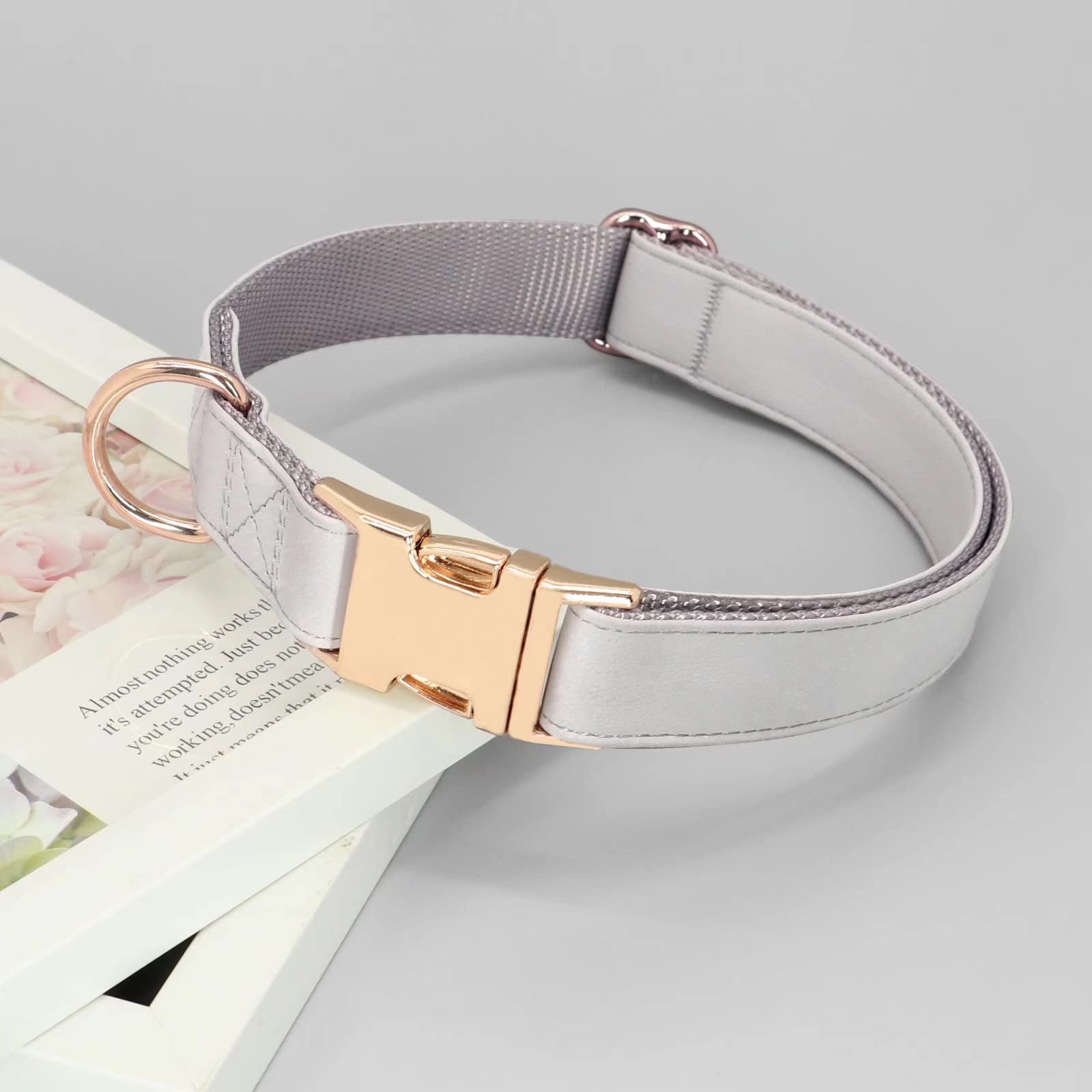 Pet Artist Charming Nylon Dog Collar With Leather Soft Comfy Elegant Nylon Collars For Dogs Small Medium Large 4 Bright Solid Color For Choosing Blue Red Brown Grey (Grey,Neck Fit 16-27'')