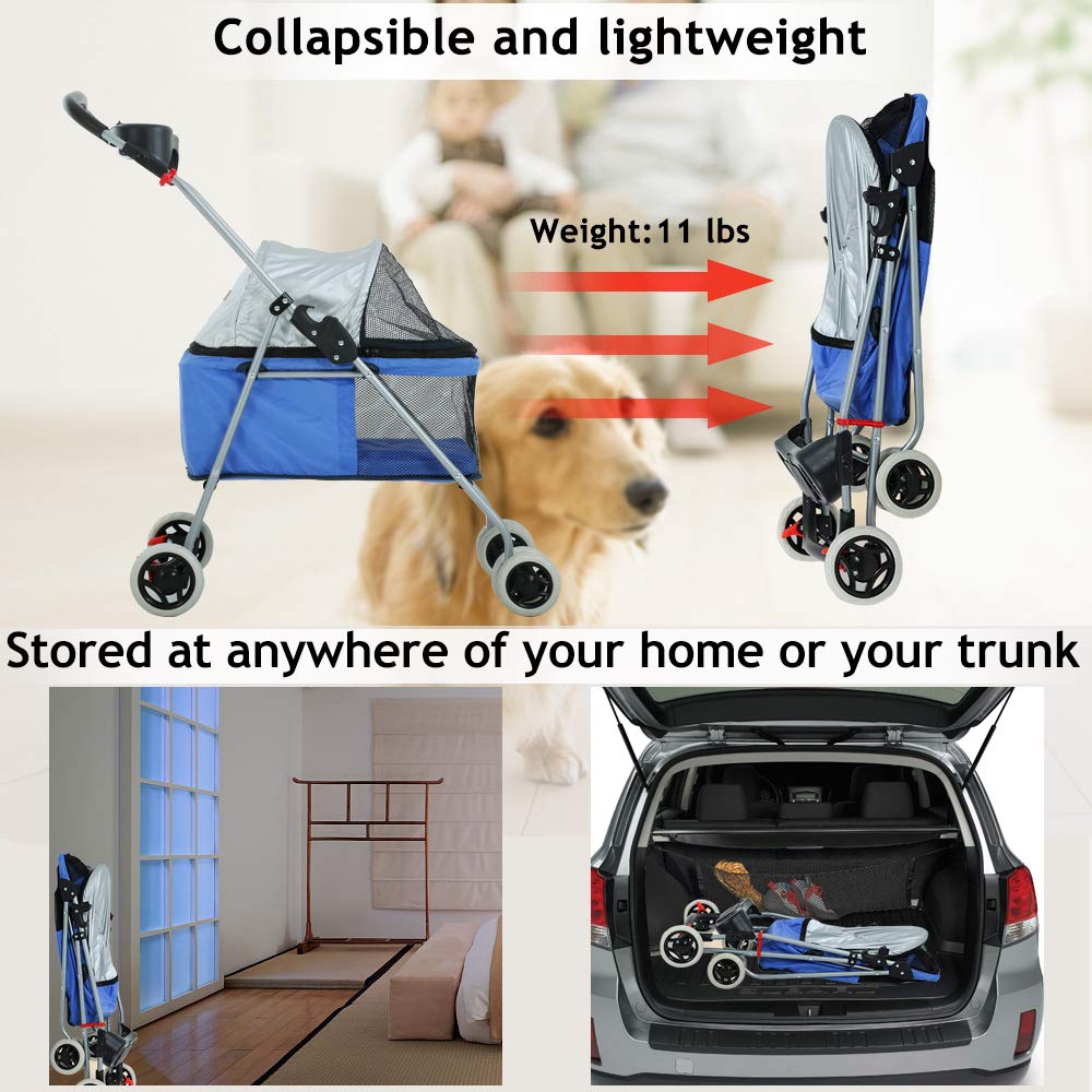 Hhs Pet Stroller, 4-Wheel Dog & Cat Stroller, Folding Carrier With Cup Holders, Waterproof, 35Lbs Capacity, Blue