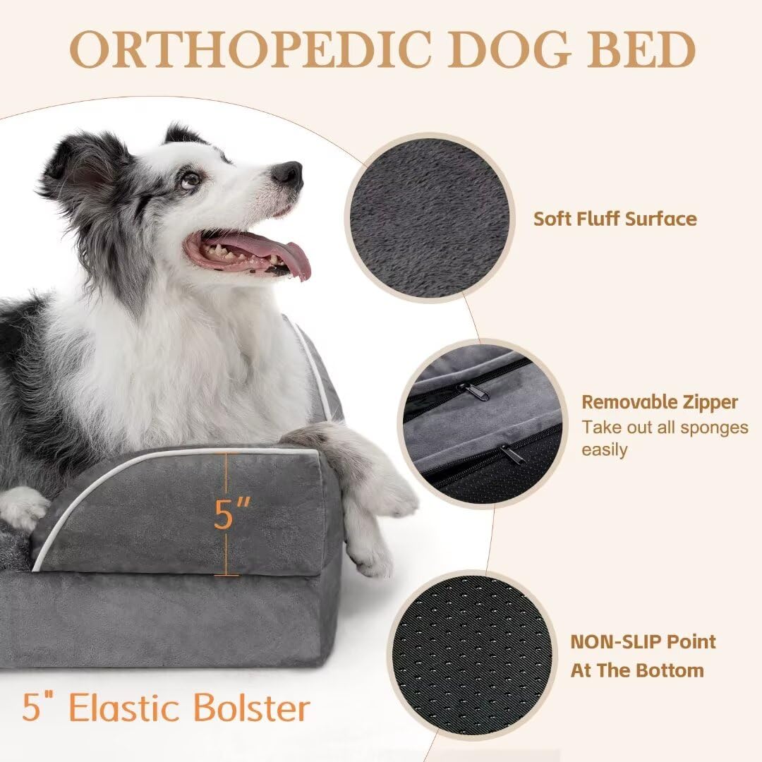 Comfort Expression Cooling Dog Bed, Jumbo Dog Bed For Extra Large Dogs, Memory Foam Orthopedic Dog Bed, Jumbo Breed Dog Bed, Waterproof Dog Bed With Bolster & Removable Cover(Jumbo,Leaden Grey)