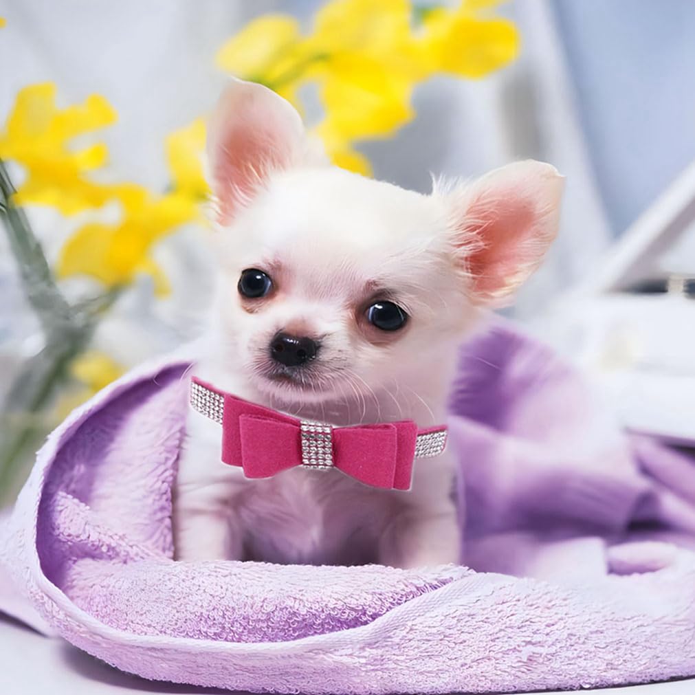 Hot Pink Diamond Dog Collar, Extra Small Dog Collar Girl, Rhinestone Bling Jewel Glitter Sparkly Bedazzled Pet Collars With Bow