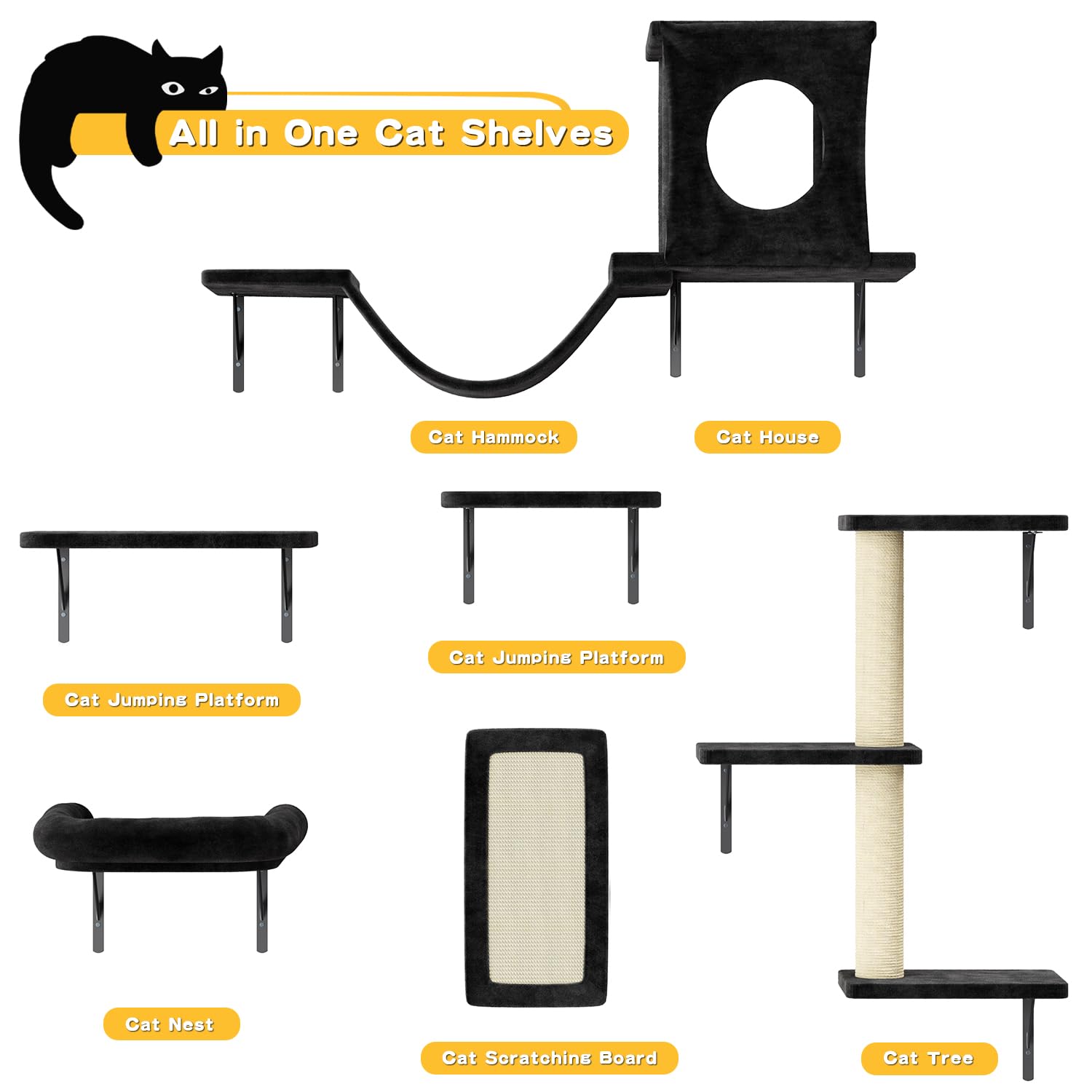 Wall Mounted Cat Furniture Set - 6pc Climber With House, Bridge, Tree, Steps, and Scratcher - DIY Walls Playground, Indoor Shelv