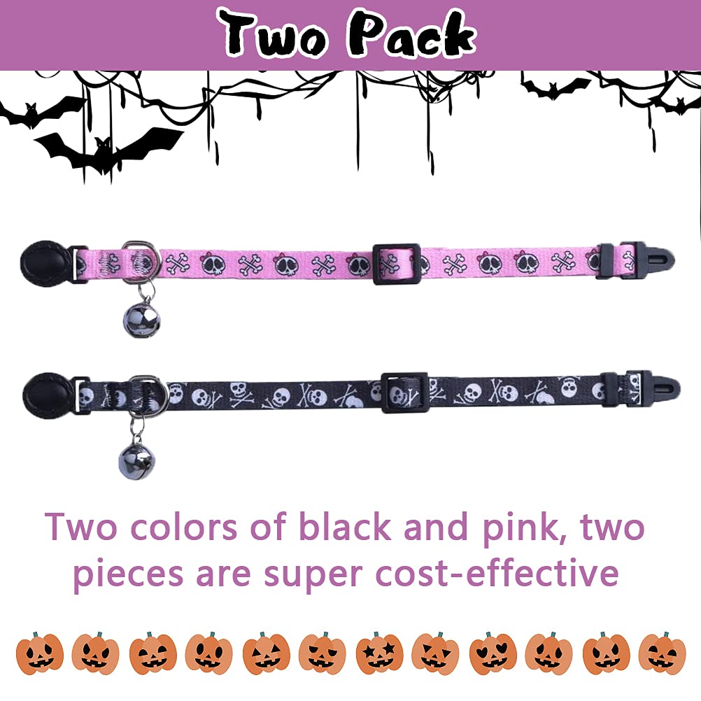Pupteck Breakaway Cat Collar With Bell Charm, 2 Packs Adjustable Kitty Collars Pink & Black Skull Pattern