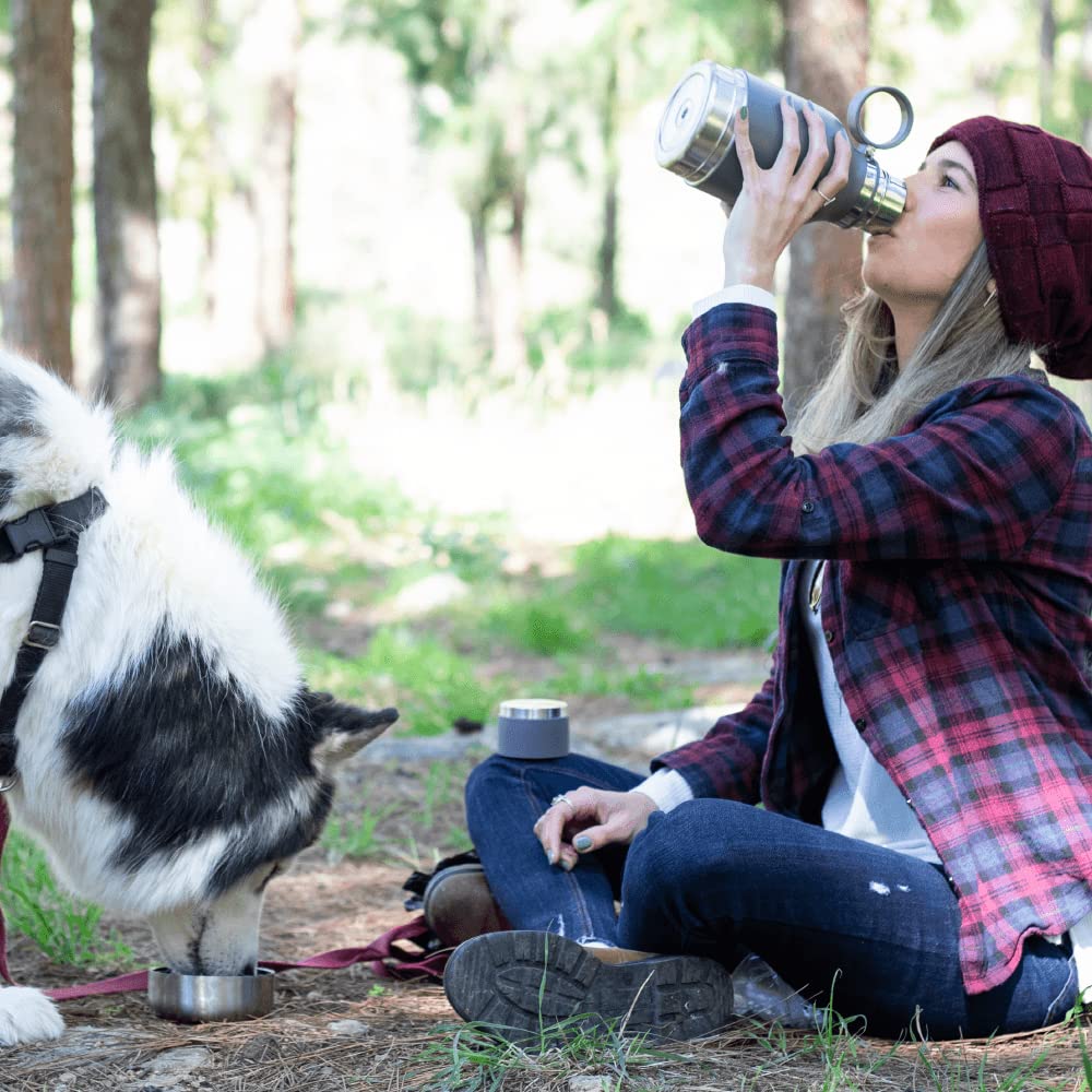 Asobu Dog Bowl Attached To Stainless Steel Insulated Travel Bottle For Human 37Oz/1.1 Liter With Detachable Dog Bowl (Smoke)