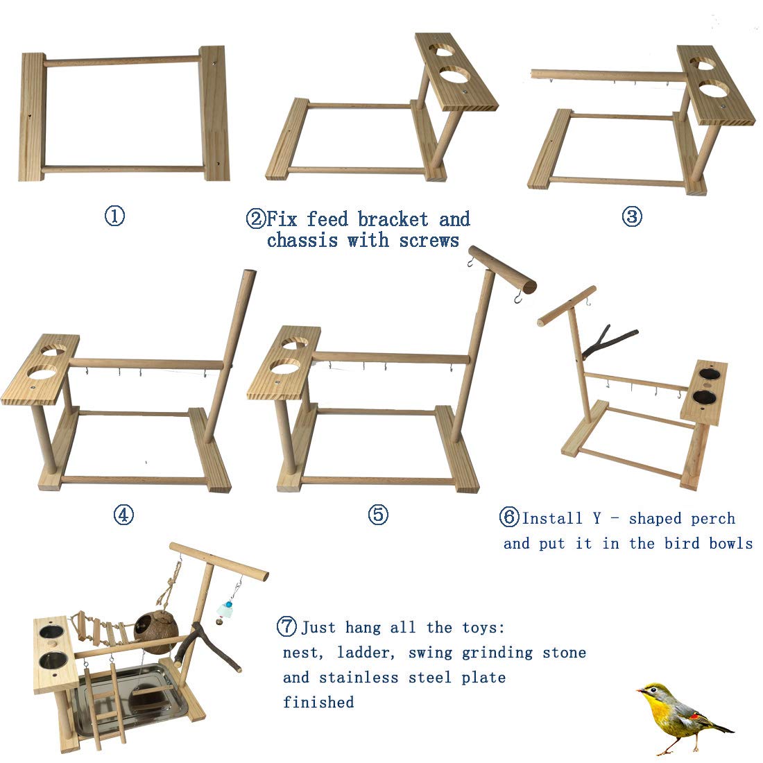 Hamiledyi Parrot Playground Bird Play Stand Natural Wood Parrot Perch Gym With Feeder Cups Cockatiel Nest With Ladder Lovebirds Cage Accessories Toy Exercise Activity Center For Cockatiel Lovebirds