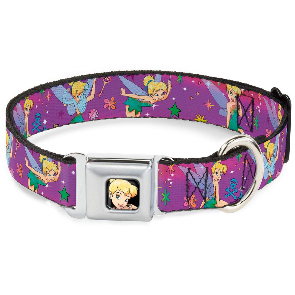 Buckle-Down Dog Collar Seatbelt Buckle Tinker Bell Poses Flowers Stars Skull Purple, Multi Color, 1' Wide - Fits 9-15' Neck - 