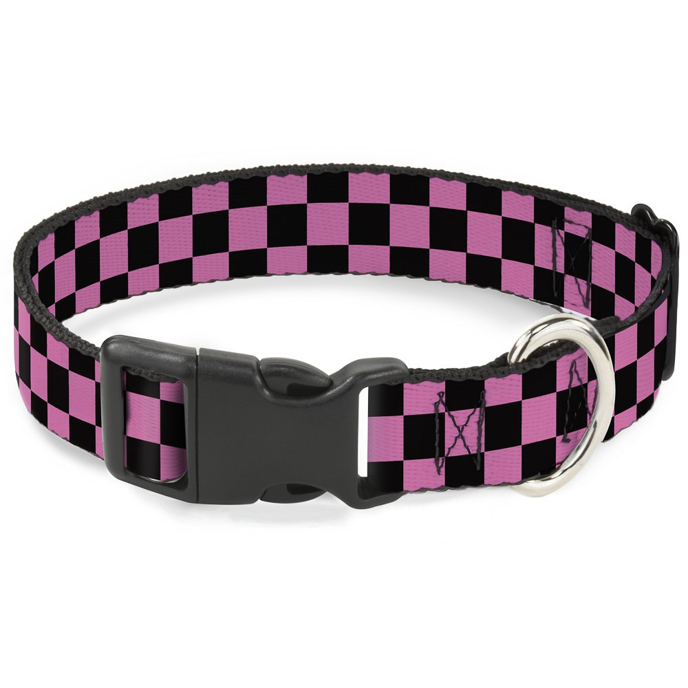 Dog Collar Plastic Clip Checker Black Pink 15 To 26 Inches 1.0 Inch Wide
