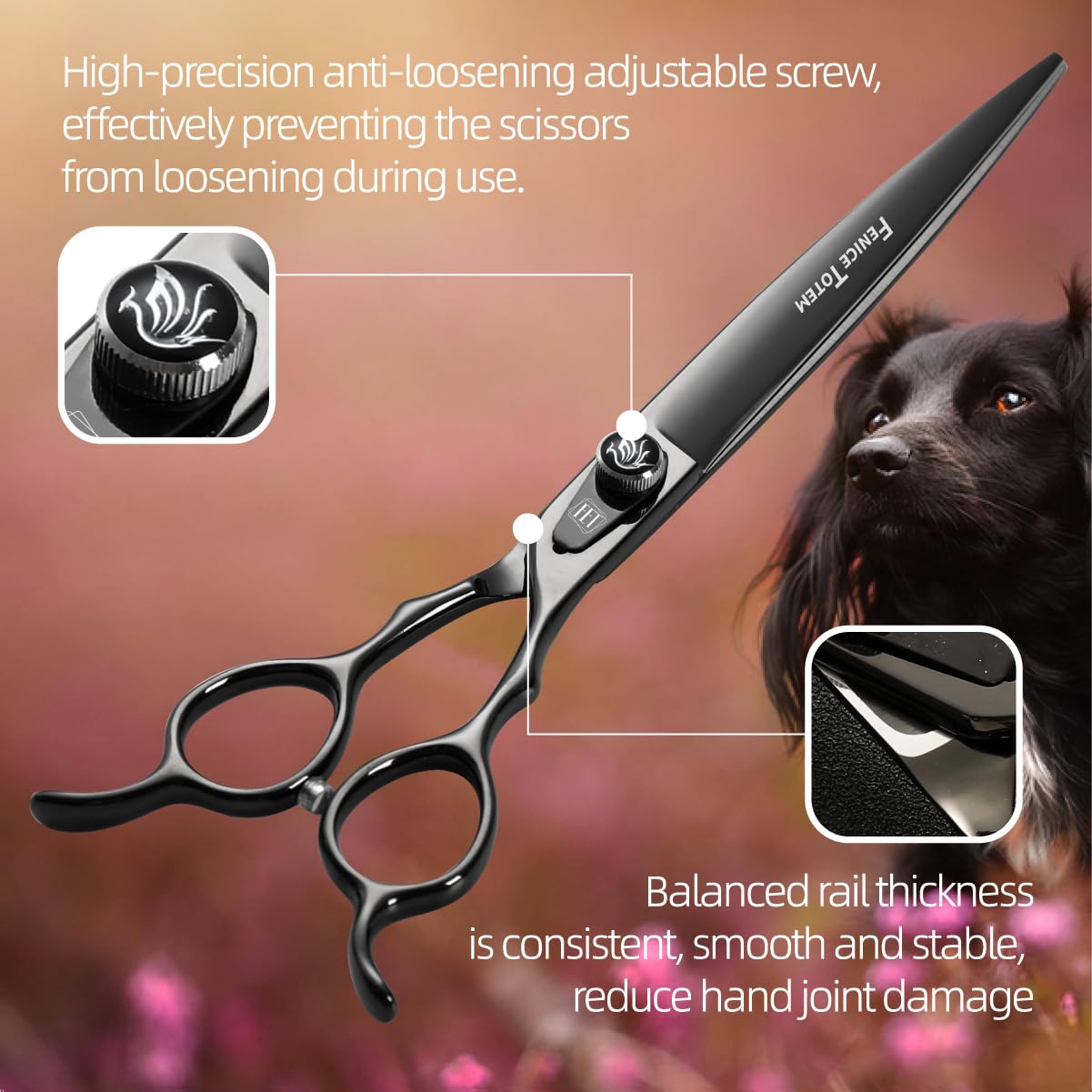 Fenice Totem Dog Grooming Scissors: 7.5 Inch Bright Black Pet Shears Set Made Of Japanese 440C Advanced Stainless Steel Professi
