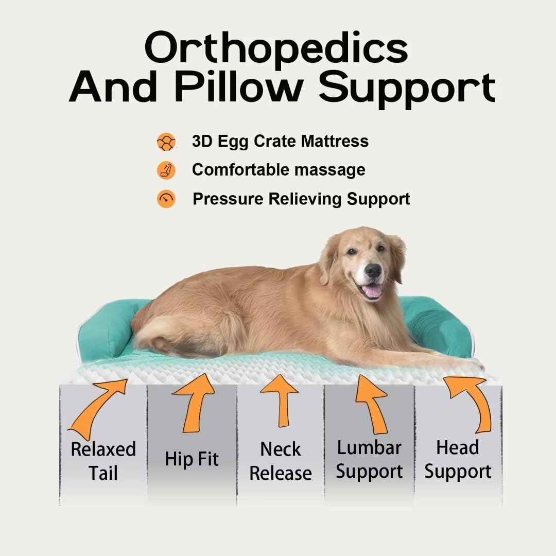 Large Dog Bed Orthopedic Washable, Orthopedic Dog Bed With Removable Bolsters, Washable Dog Beds For Large Dogs, Waterproof Pet Beds And Non-Slip Bottom, Extra Aqua Blue Xxxlarge Dog Bed