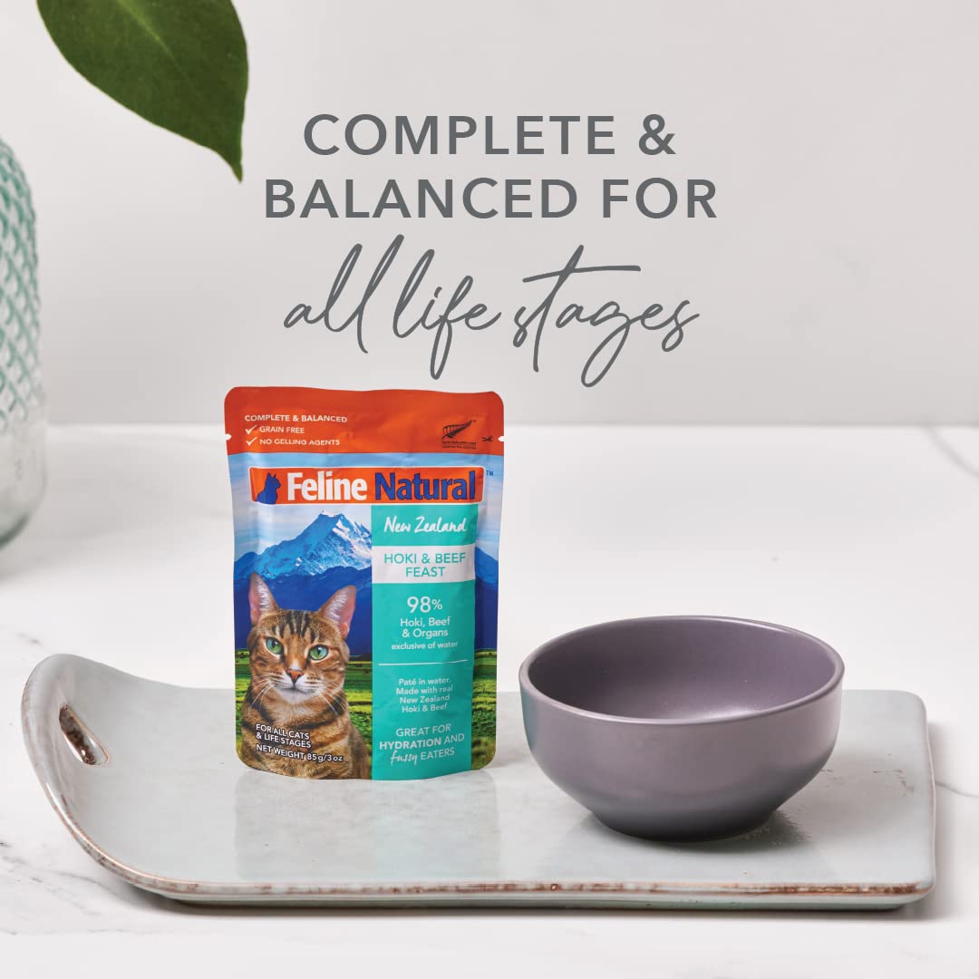 Feline Natural Wet Cat Food Variety Pack - Chicken, Lamb, Salmon & Beef Feast, Grain-Free, 3oz Pouches, New Zealand Made, Assort