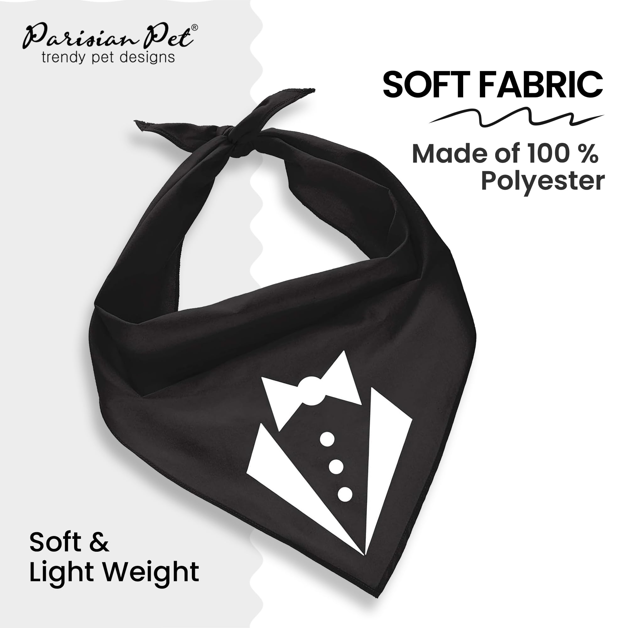 Parisian Pet Dog Bandanas With Printed 'Texedo' - Tie-On Adjustable Polyester Dog Tuxedo Bandana - Dog Scarf For Small Dogs - Washable Triangle Dog Bib - Black Handkerchief For Male Pets - S