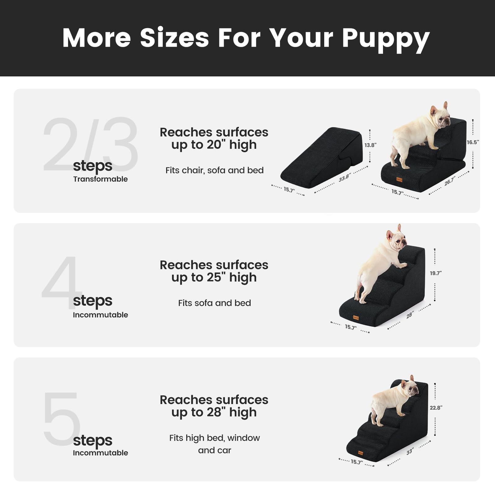 Gardner Pet Dog Stairs for Small Dogs 16.5 H, 2 in 1 Transformable 3-Step Pet Stairs and Dog Ramp for Couch (13-20 in), Black Ad