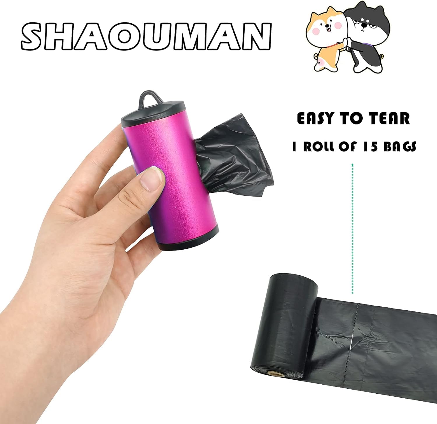 Shaouman Metal Dog Poop Bags Holder Aluminum Poo Bags Dispenser With 15 Black Unscented Pet Waste Bags And 3 Leash Accessories For Dog Walking(1 Holder 15 Bags,Pink)