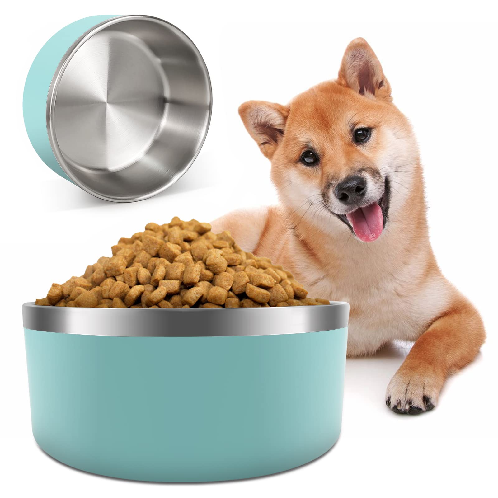 IKITCHEN Dog Bowl for Food and Water, 64 Oz Stainless Steel Pet Feeding Bowl, Durable Non-Skid Double Wall Insulated Heavy Duty
